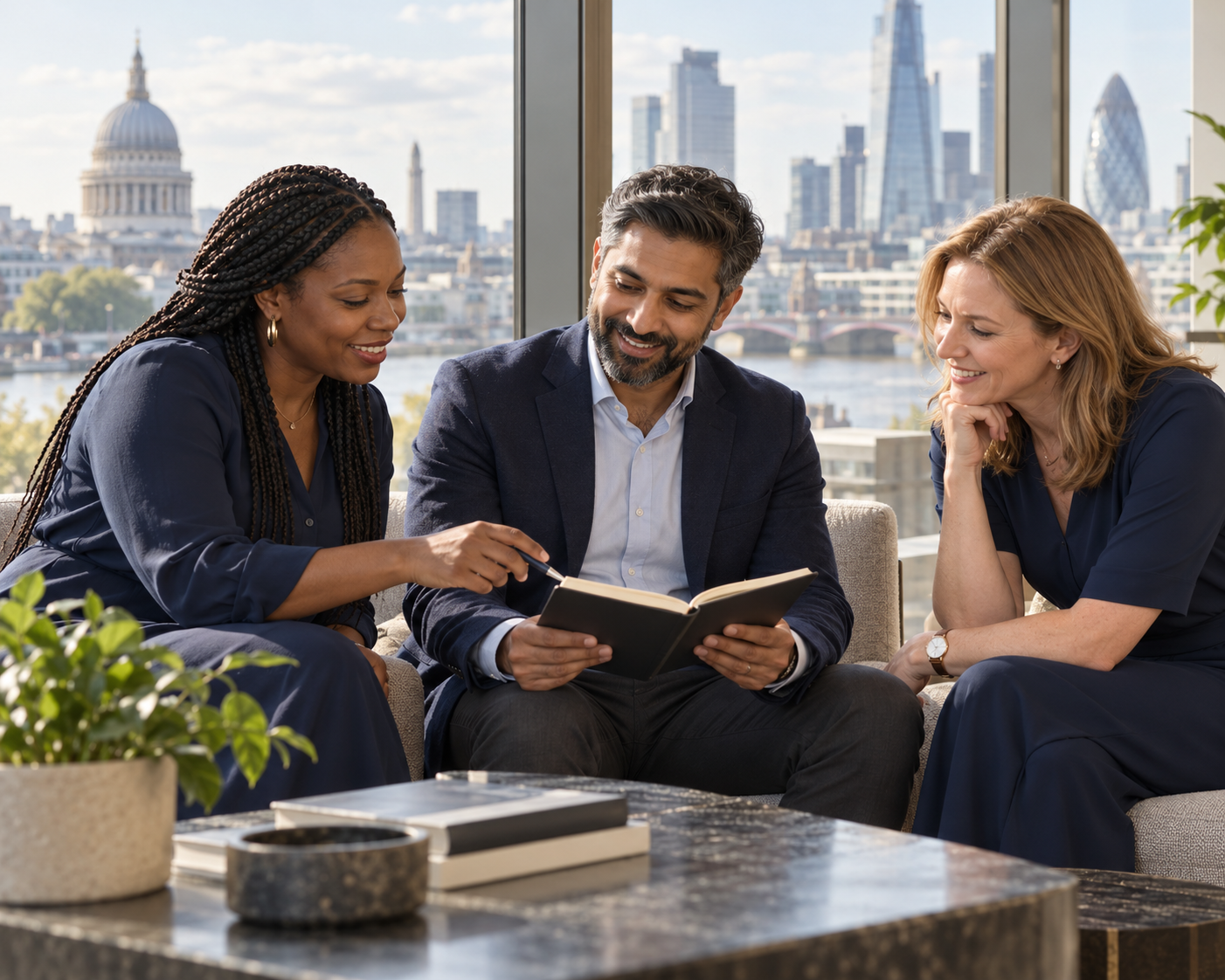 Colleagues sharing ideas in a bright office